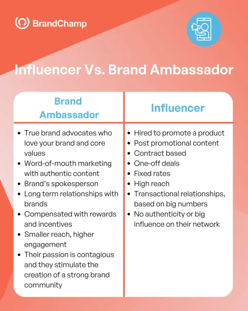 brand ambassadors vs influencers creative by brandchamphq